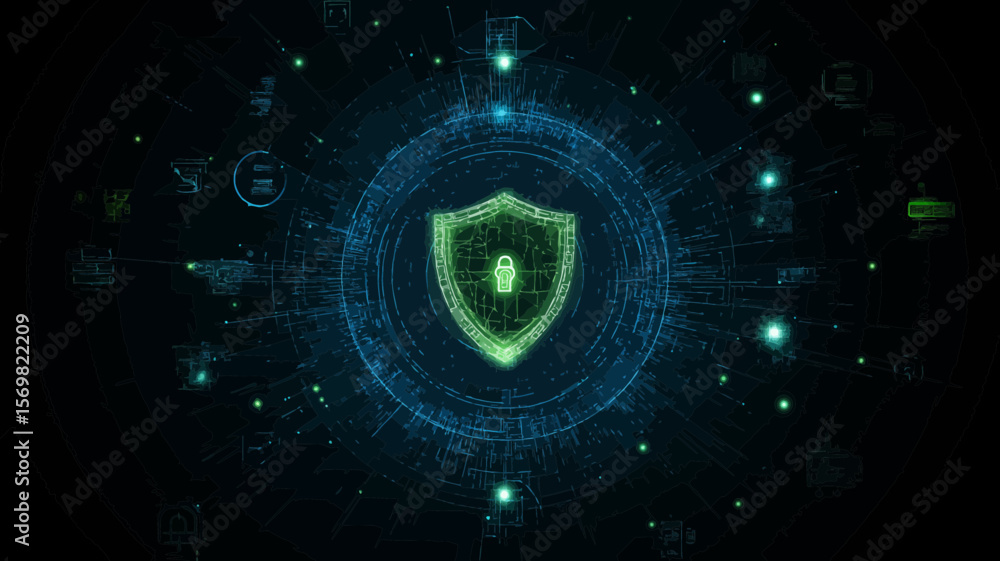 Obraz premium Shield padlock graphic represents security and data protection in cyberspace with a modern digital interface