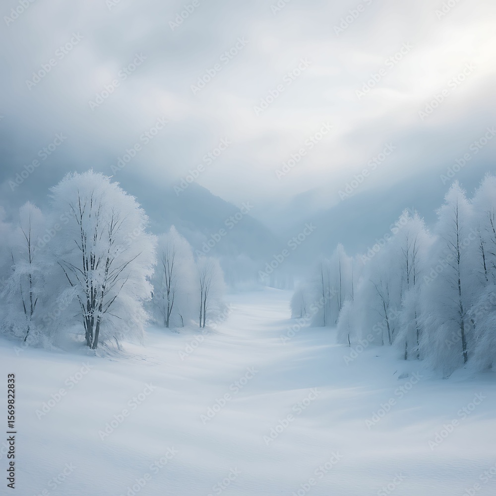 Fototapeta premium Winter Wonderland Frost-Covered Trees in Misty Valley