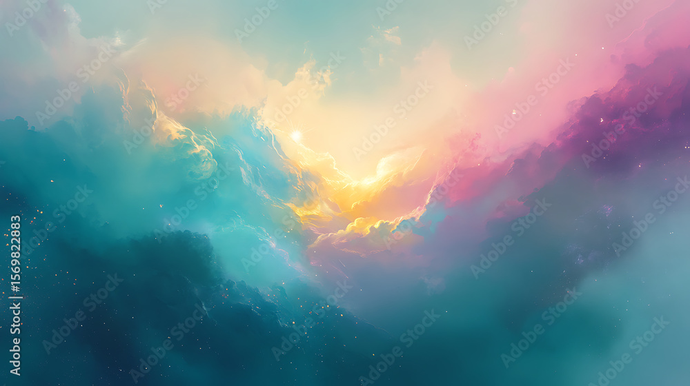Naklejka premium An ethereal view of a galaxy collision, with clouds of gas and stars exploding in soft pastels of teal, magenta, and gold, in a serene void of endless space.