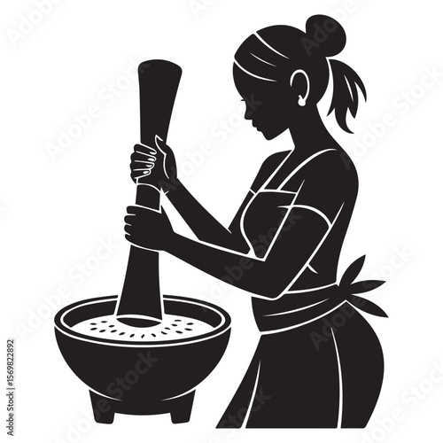 A woman is grinding spices with mortar and pestle isolated on white background