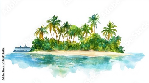 Vibrant watercolor of a lush tropical island seen from a cruise ship. A concept for exotic travel and dream vacations.