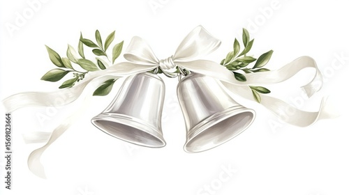 Shiny silver wedding bells tied with a white silk ribbon and green leaves. Isolated object for marriage celebration design.