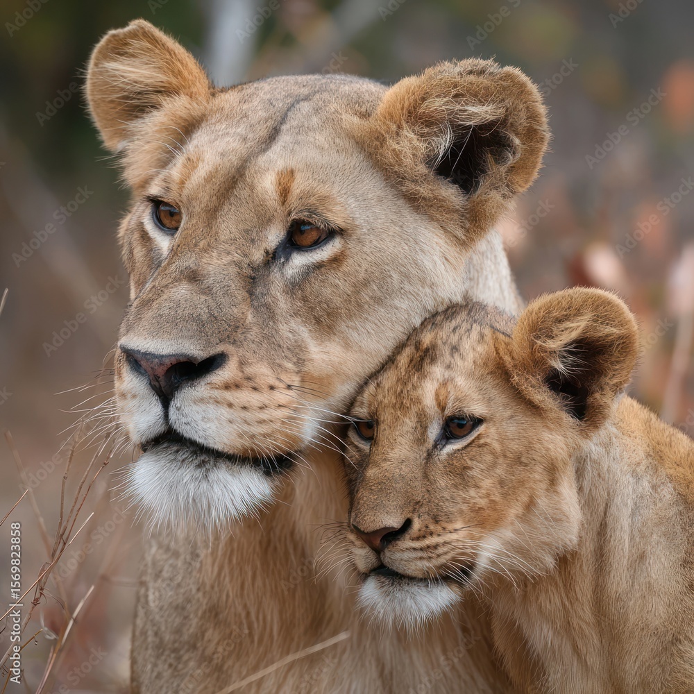 Fototapeta premium Lioness and cub, close-up affection