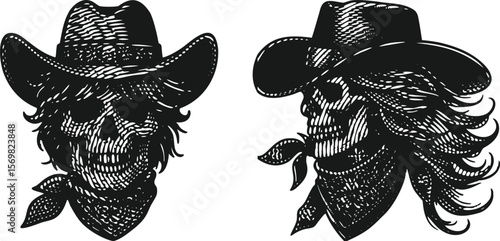  Heavy lined effect black vector bundle featuring skull with hair, cowboy hat, and bandana design, perfect for tattoo art, biker style, western themes, and edgy graphic projects