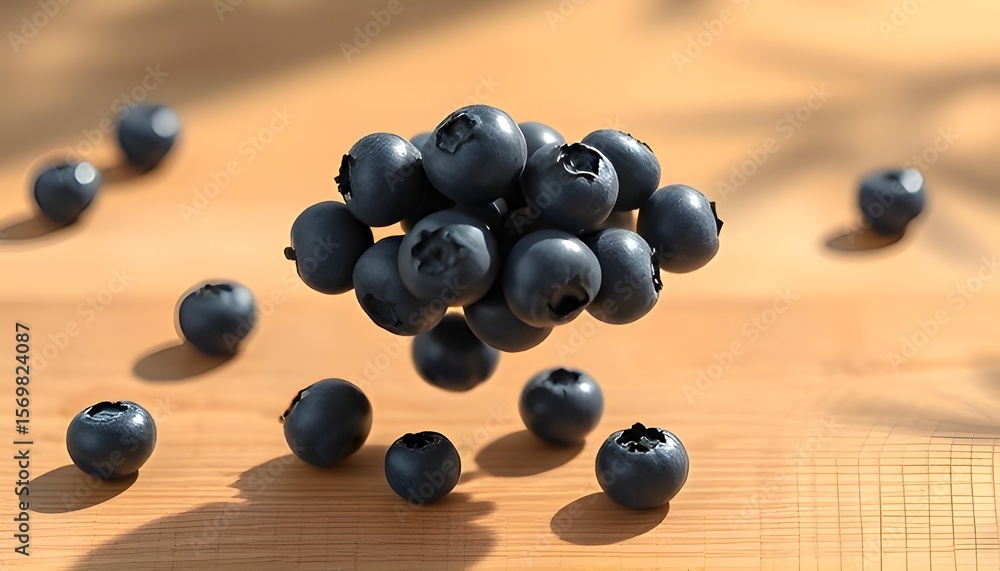 A Dynamic Composition of Fresh Blueberries Levitating and Scattered on a Light Wooden Surface A Dynamic Composition of Fresh Blueberries Levitating and Scattered on a Light Wooden Surface