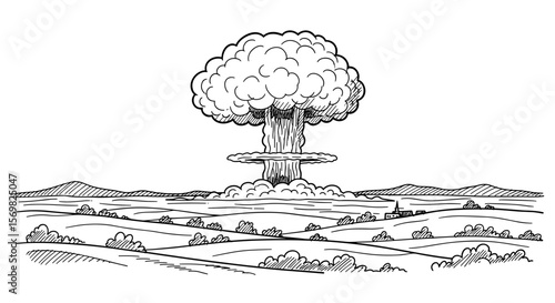 Nuclear explosion mushroom cloud landscape vintage sketch illustration - hand drawn doodle black outline vector on a white background

