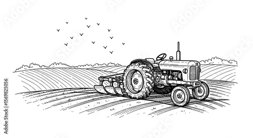 Tractor on farmland with birds  vintage sketch illustration - hand drawn doodle black outline vector on a white background
