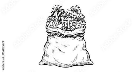 Santa Claus gift sack full of presents vintage sketch vector illustration - hand drawn doodle black pencil outline vector on a white background