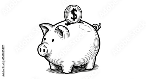 Piggy bank with dollar coin vintage sketch illustration - hand drawn doodle black outline vector on a white background svg
