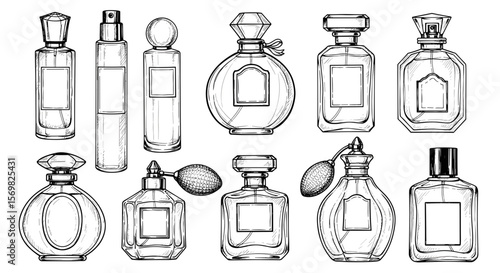 vintage sketch Set of perfume bottles collection illustration - hand drawn doodle black outline vector on a white background
