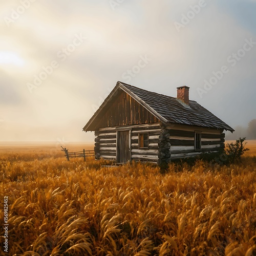 Sunrise over Rustic Log Cabin in Golden Wheat Field