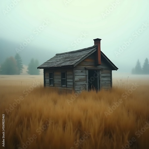 Misty Meadow Solitary Wooden Cabin in Foggy Field