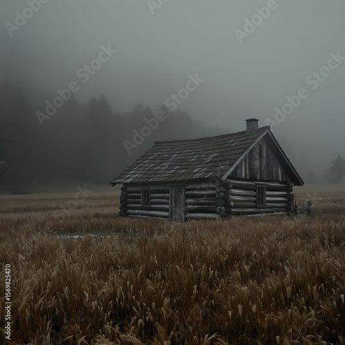 Misty Morning, Log Cabin in a Wheat Field