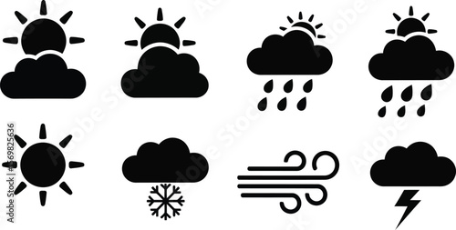 Collection of black weather icons representing sun clouds rain snow wind and lightning