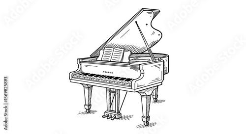 Grand piano musical instrument - vintage sketch vector illustration - hand drawn doodle black pencil outline vector on a white background

