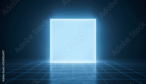 Glowing Blue Square Frame on Digital Grid Floor