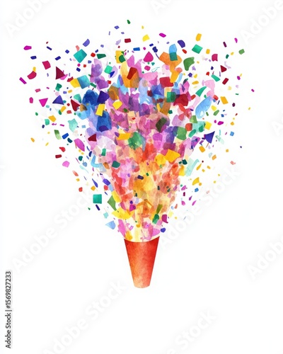 Subtle watercolor of a party popper exploding with colorful confetti and streamers. For birthday and celebration themes.