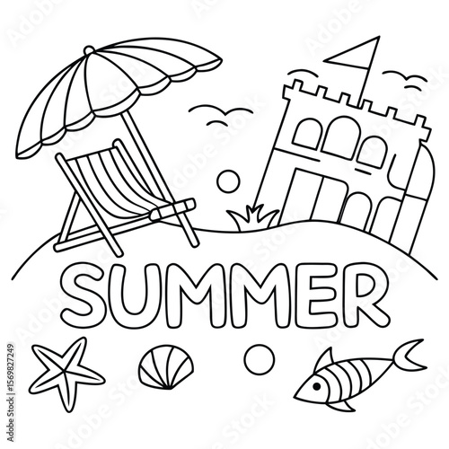 Black and White Summer Beach Scene with Umbrella Chair Sandcastle and Sea Life