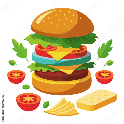 Detailed illustration of a gourmet burger disassembled into its individual ingredients