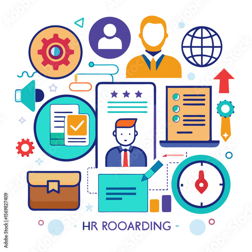 Modern icons illustrating key stages of the employee onboarding process