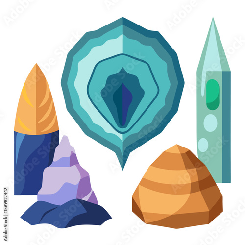 Collection of geological formation icons featuring a geode and a stalactite