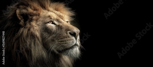 Majestic lion profile against black background