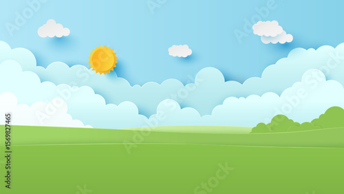 Landscape scenery with mountain and white cloud in summer blue sky background. Nature landscape. Paper cut and craft style illustration