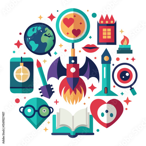 Collection of stylized icons representing various literary genres and book elements