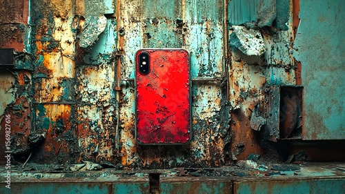 A vibrant red phone case against a weathered, rusty wall, showcasing urban decay and resilience