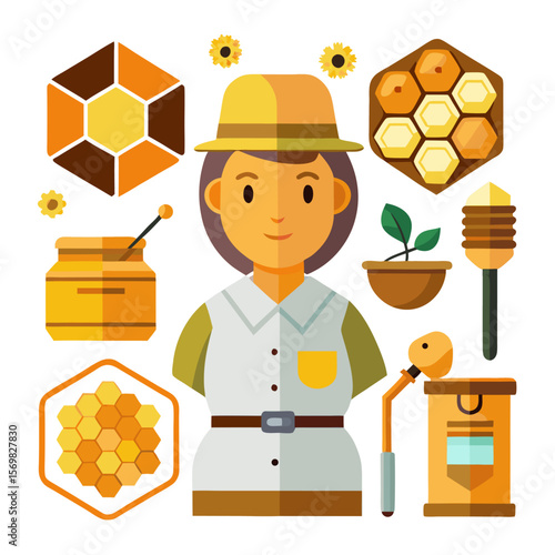 Collection of charming beekeeping and apiary icons for a hive and beekeeper