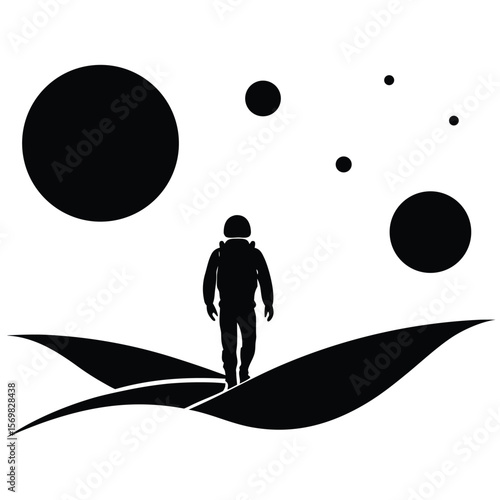 Lunar Explorer's Solitary Journey A Minimalist Silhouette Depiction of Space Exploration and Cosmic Wonder on a Barren Landscape