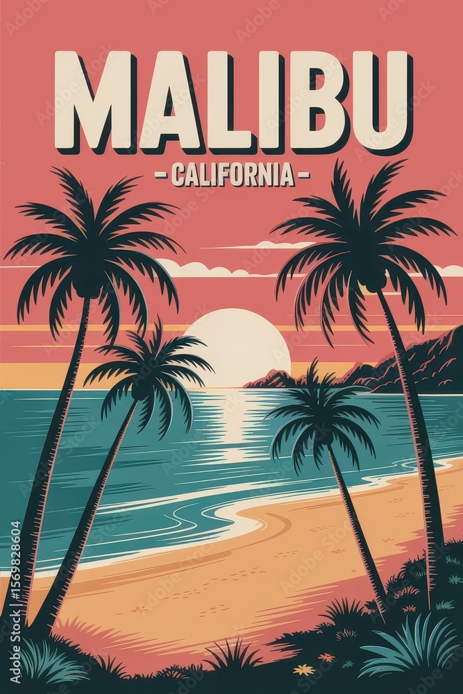 Fototapeta premium Vintage Travel Poster of Malibu Beach Sunset, California 