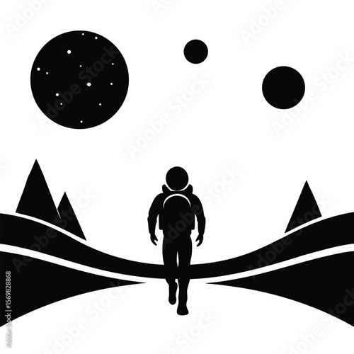 Astronaut on a Distant Planet Exploring the Surface with Mysterious Mountains and Other Planets Hovering in the Sky