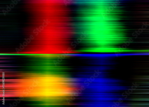A screen display with multicolor glitch distortion and horizontal scan lines