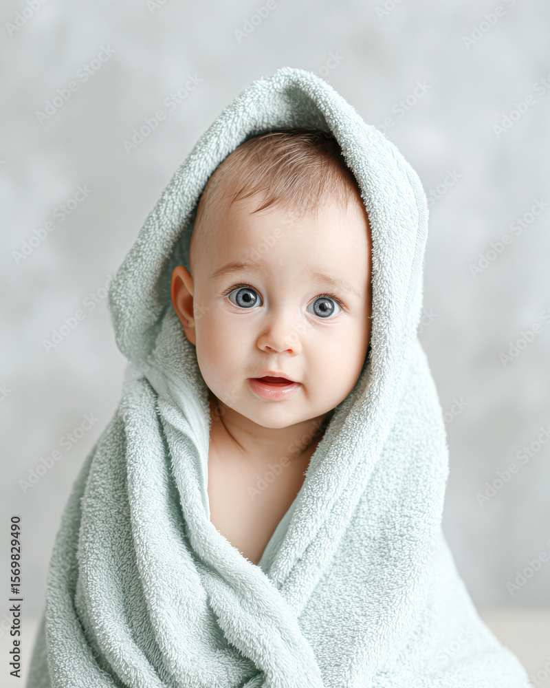 Obraz premium A baby with big blue eyes is wrapped in a soft, light blue towel, looking directly at the camera with a calm and curious expression.