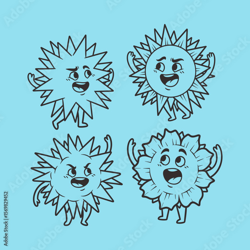 Four Playful Cartoon Suns with Cheerful Expressions on a Bright Blue Background