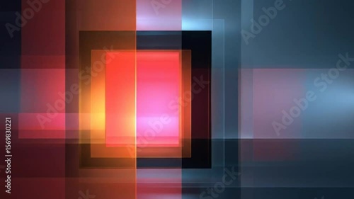 Overlapping translucent rectangles in shades of red, orange, pink, and blue glow against a darker background.