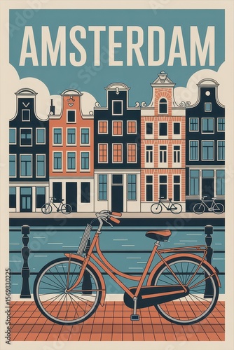 Vintage Travel Poster of Amsterdam Canal and Bicycle, Netherlands
