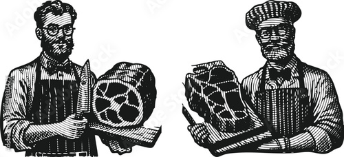  Heavy lined black vector bundle illustration of a butcher wearing glasses and proudly holding a prime cut of meat, vintage retro style drawing, isolated bold graphic for print and design