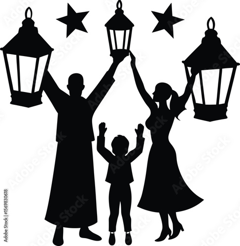 Family celebrating under lanterns vector silhouette  