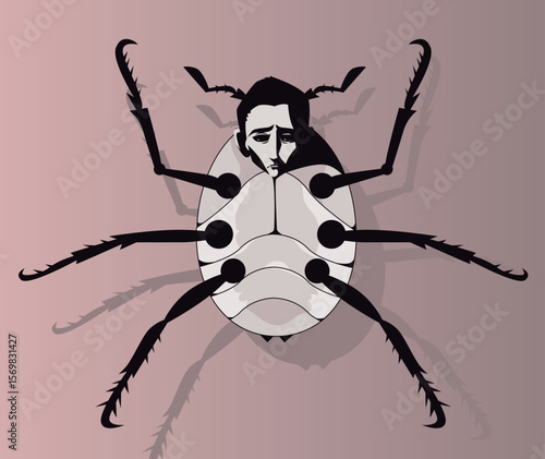 bug cockroach metamorphosis with human face struggling 