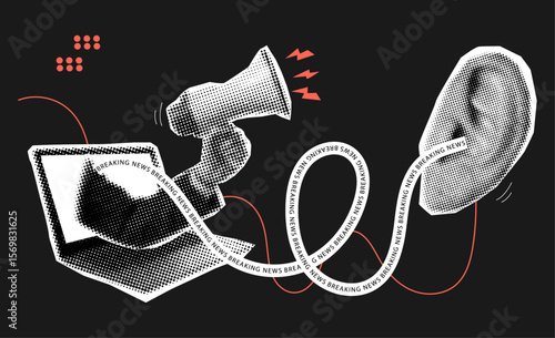 Modern halftone collage design, laptop, hand holding megaphone, and human ear listening breaking news