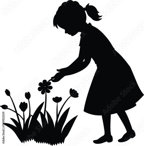 Girl picking flowers in meadow vector silhouette  
