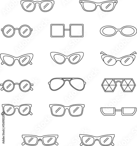 A collection of diverse eyewear styles, illustrated as simple line drawings.