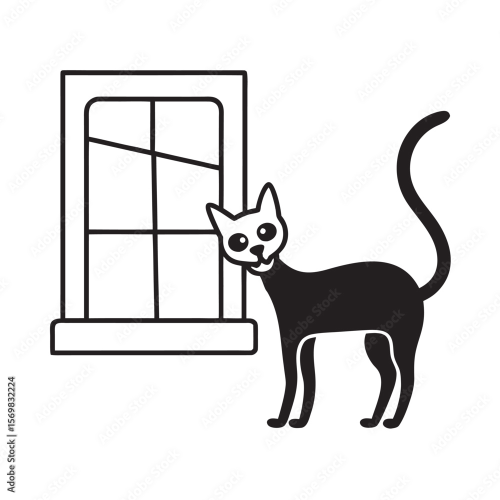Fototapeta premium Skeleton Cat On Windowsill Outline