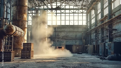 Abandoned industrial warehouse with sunlight streaming through windows and smoke rising