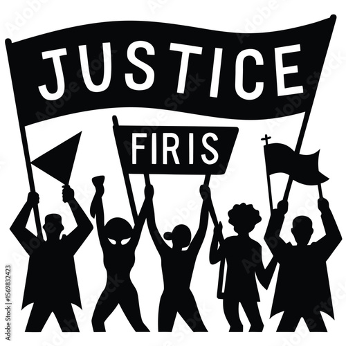 Silhouetted Protestors Marching for Justice and FIRIS Holding Signs and Flags Aloft in Solidarity and Defiance Against Oppression