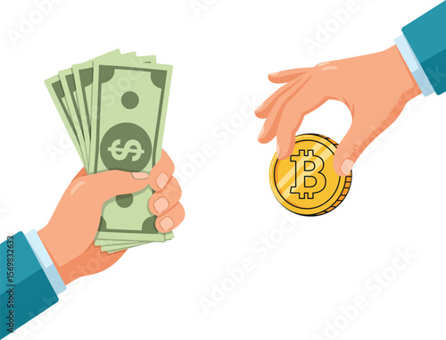 A hand holding paper money exchanges it for a bitcoin held by another hand, illustrating a transaction.
