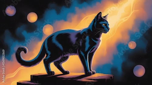 A high quality, detailed digital painting of a black cat sitting in profile, looking to the right.