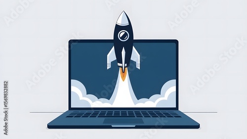 A illustration of a rocket launching from a laptop screen. 